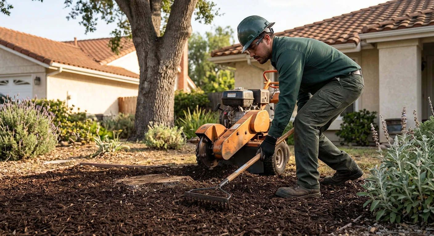 Ground-level view of a stump ground below grade with fresh mulch backfill