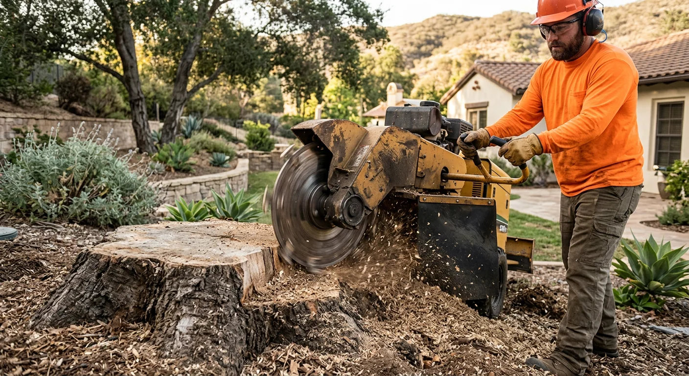 Close-up of grinder wheel reducing an oak stump to mulch in a Calabasas backyard