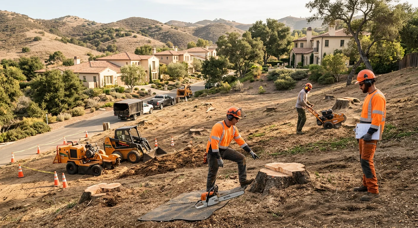 Wide shot of cleared hillside lot with several ground stumps near Calabasas homes