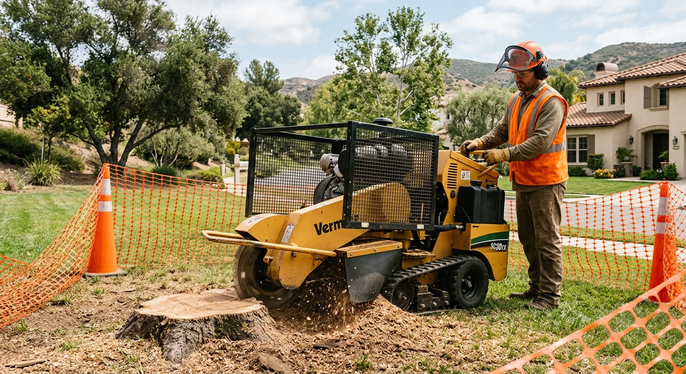 Trained technician operating a stump grinder with safety barriers on a Calabasas lawn