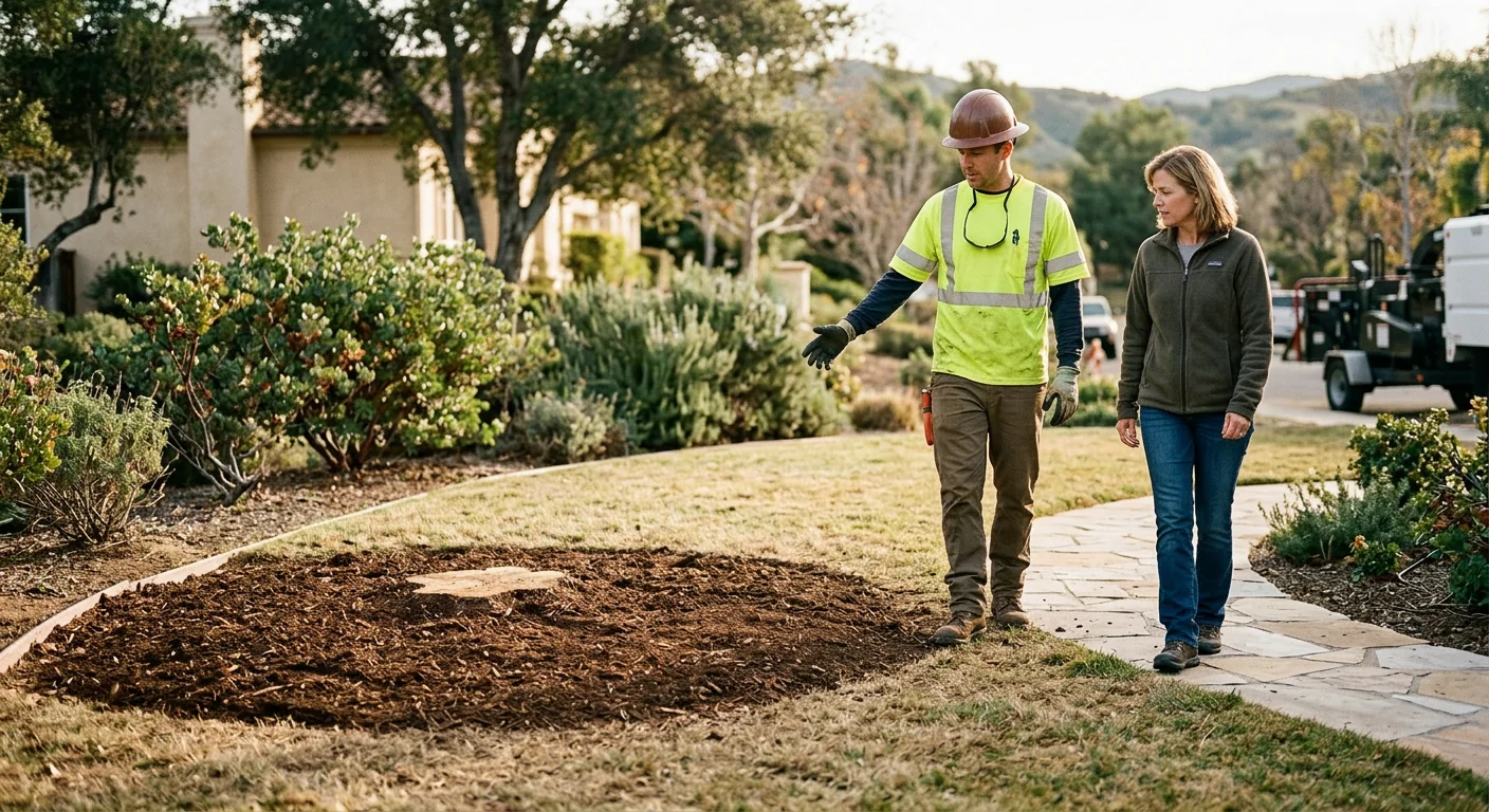 Smooth backfilled area after stump grinding during a homeowner walkthrough in Calabasas