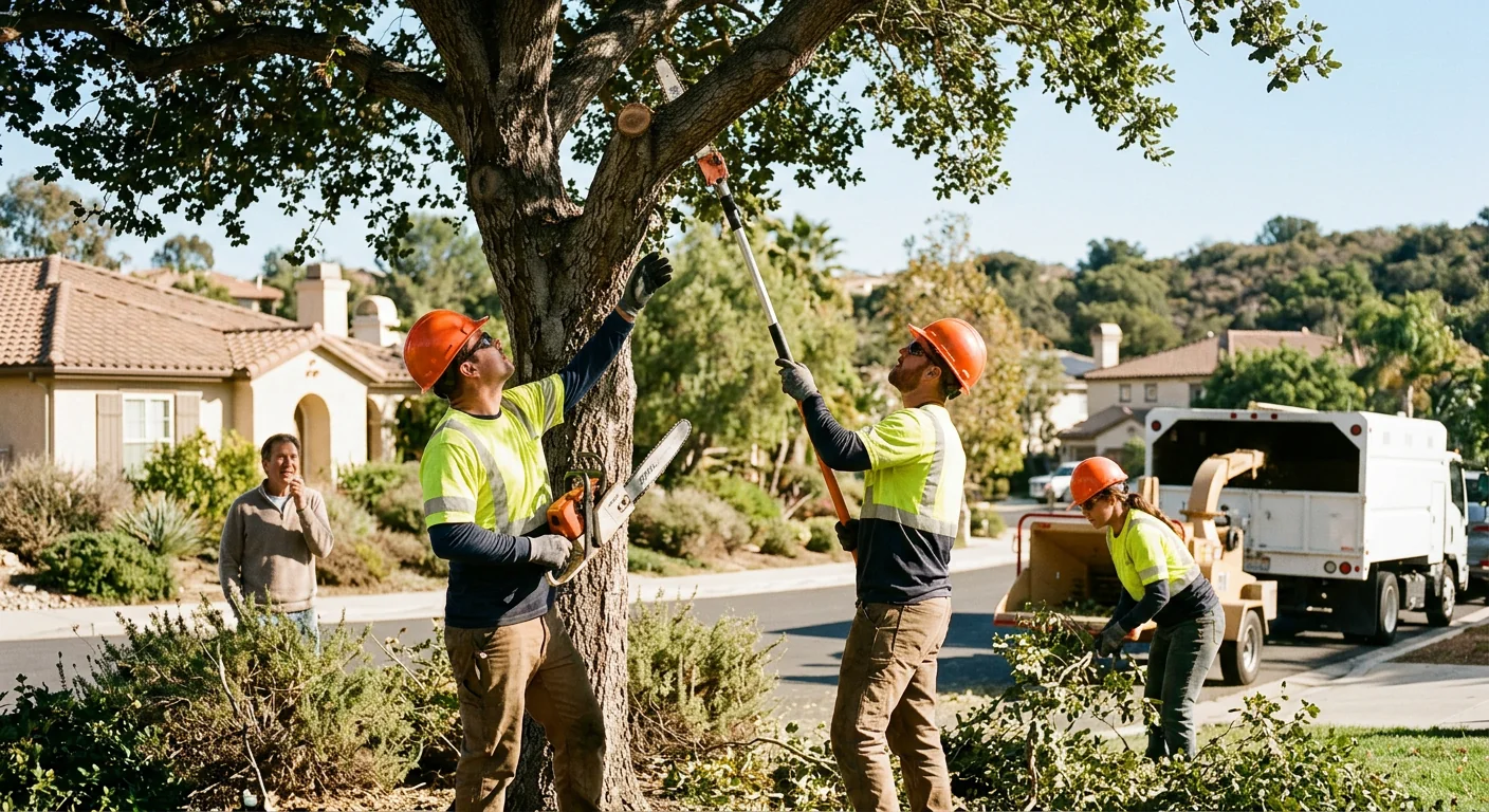 Arborist installing steel support cable in a mature Calabasas backyard oak