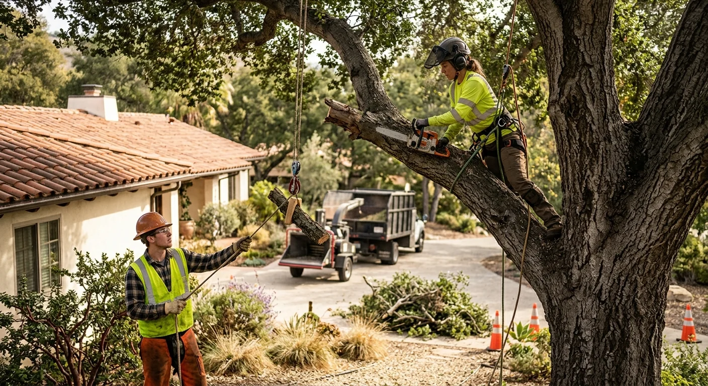Arborist installing support cable high in a mature oak canopy in Calabasas