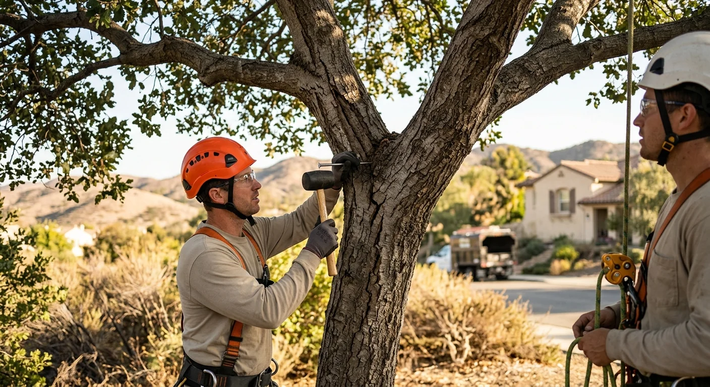 Split branch union on a mature oak showing included bark and stress cracks