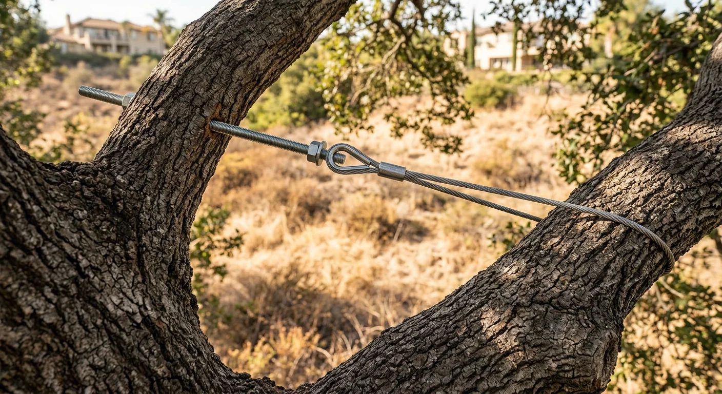 Steel cable installed between two oak leaders on a Calabasas hillside property