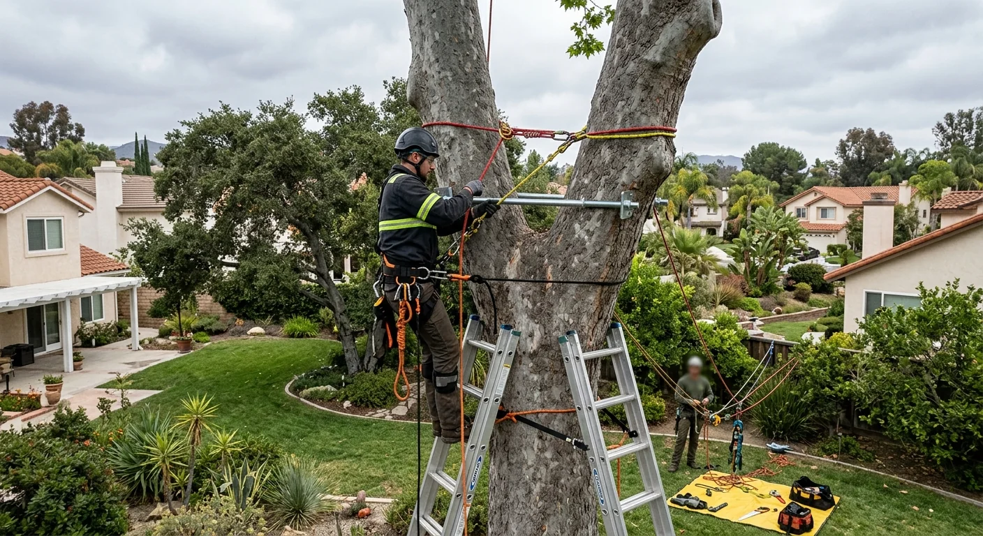 Arborist team bracing a split trunk on a residential lot before winter storms