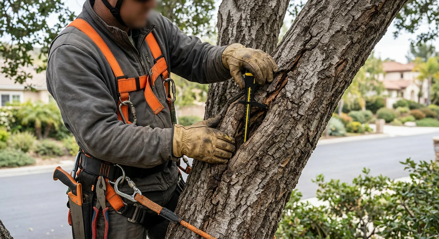 Technician inspecting weak branch union before installing support hardware in Calabasas