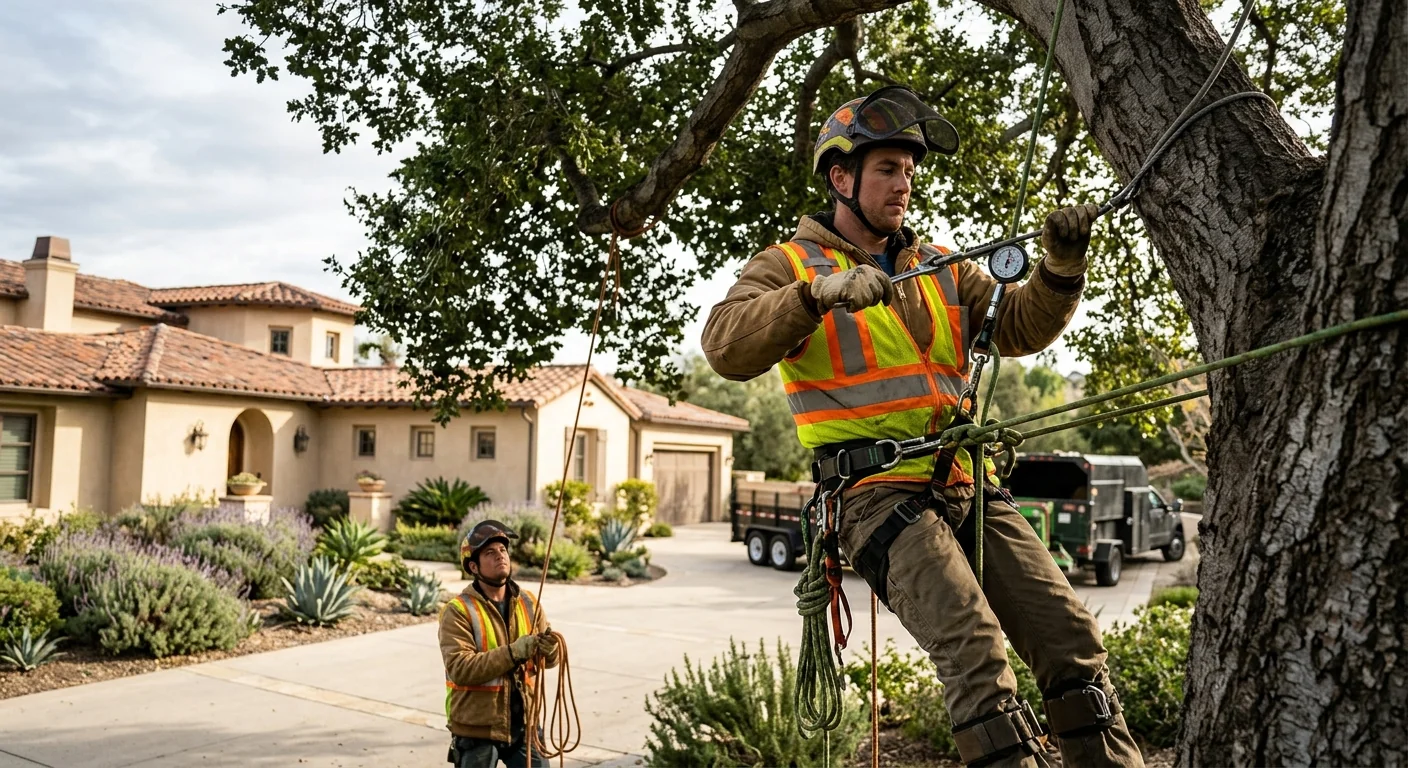 Technician checking cable tension on a large tree beside a Calabasas home
