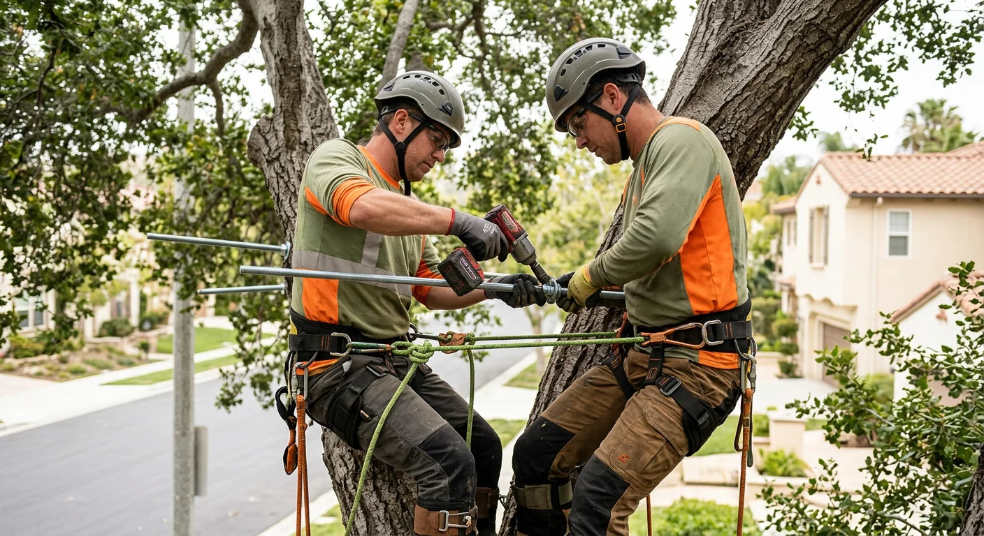 Bracing rods reinforcing a split trunk union on a mature neighborhood tree