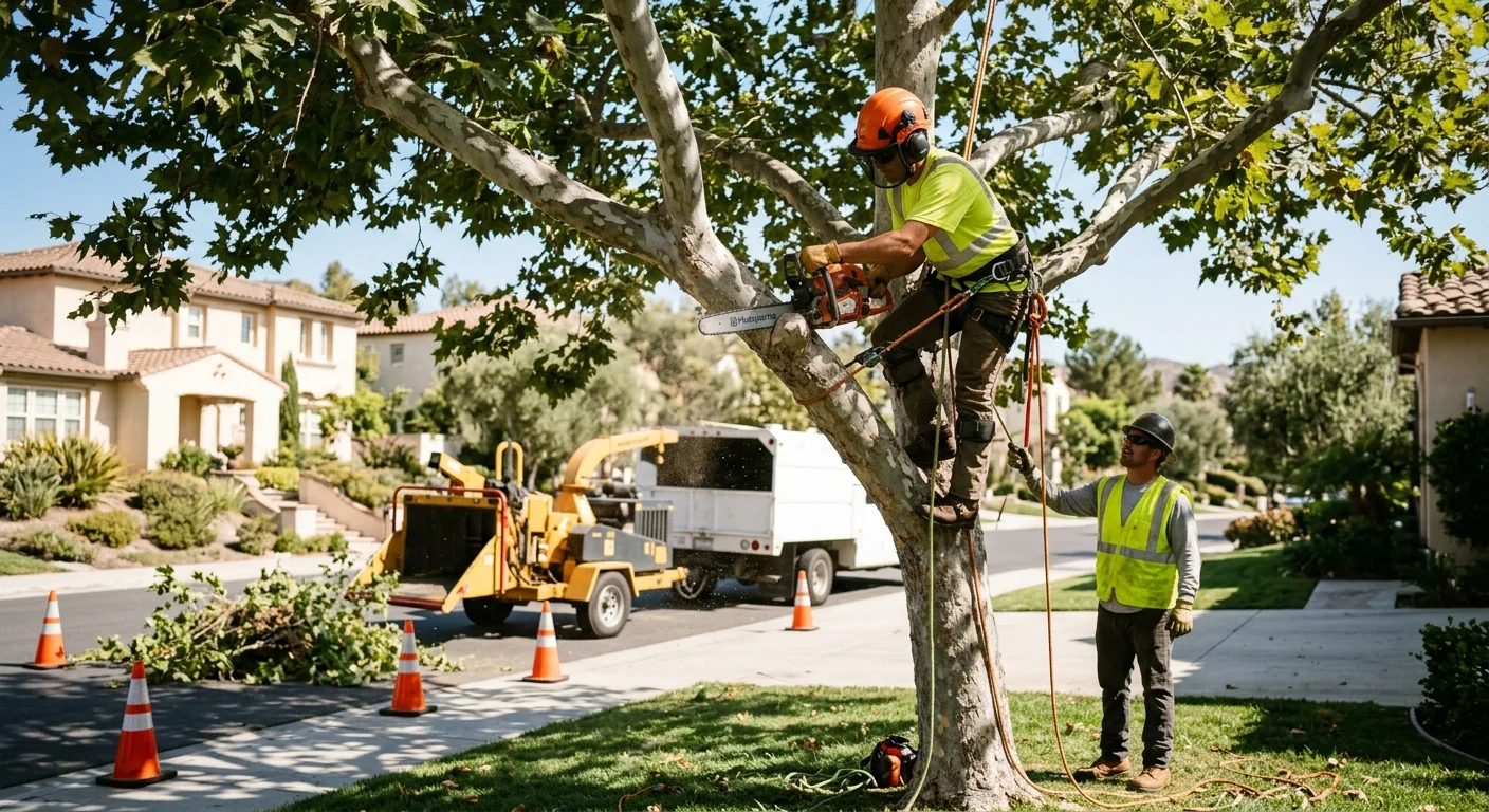 Arborist inspecting a mature oak canopy at a Calabasas hillside home