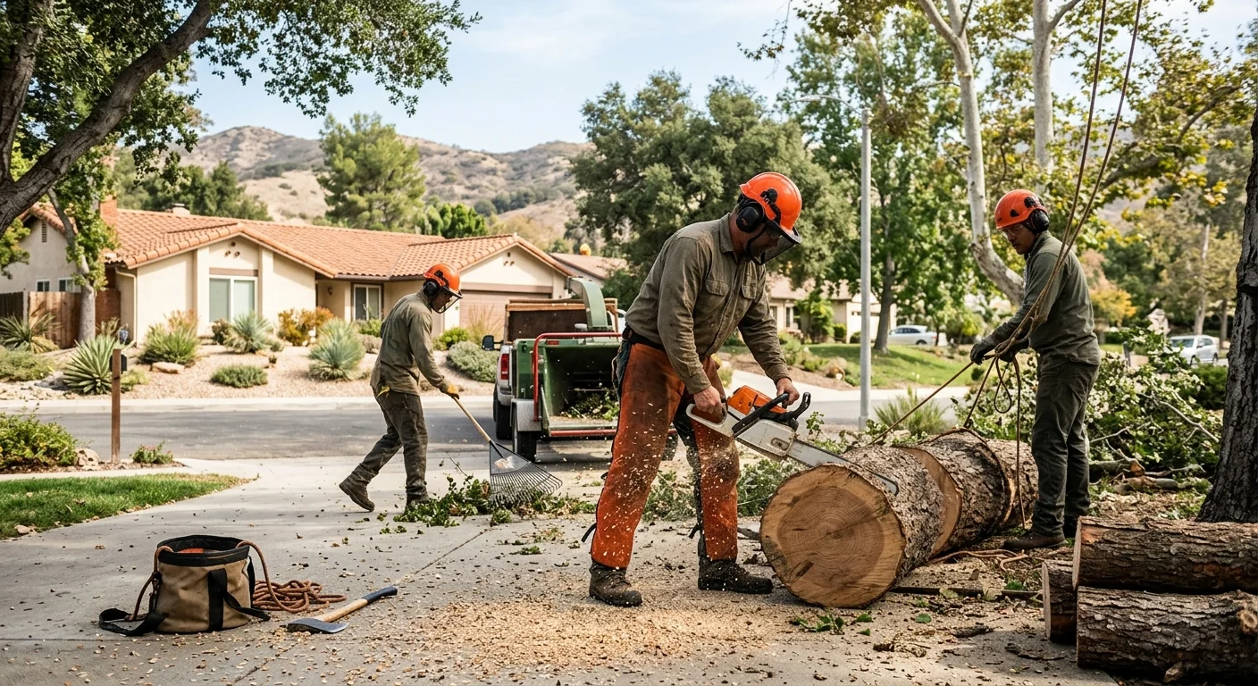 Arborist inspecting a mature oak canopy on a Calabasas residential property