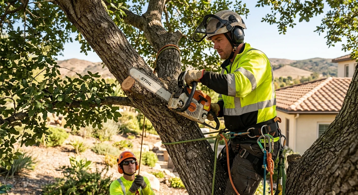 Close-up of crown thinning cuts on a mature oak in a Calabasas backyard