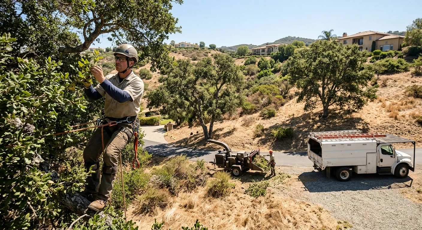 Wide shot of arborist inspecting canopy vigor across a hillside Calabasas property
