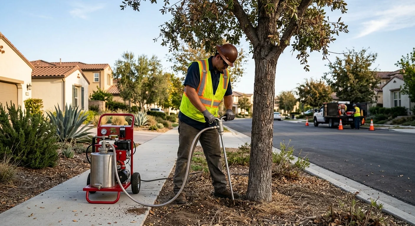 Deep root fertilization equipment treating soil around a stressed neighborhood tree