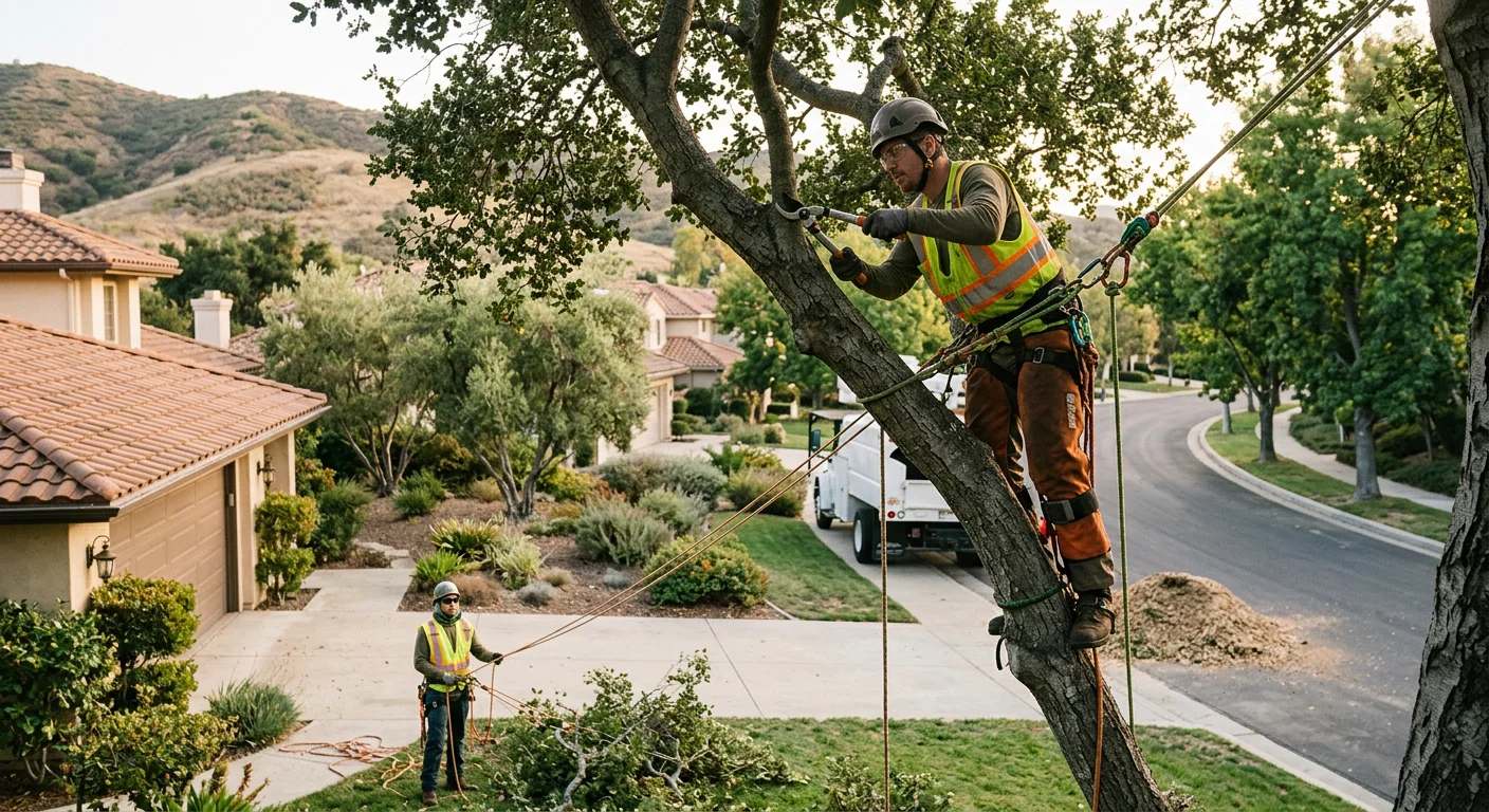 Technician performing careful pruning cuts on a residential tree in Calabasas