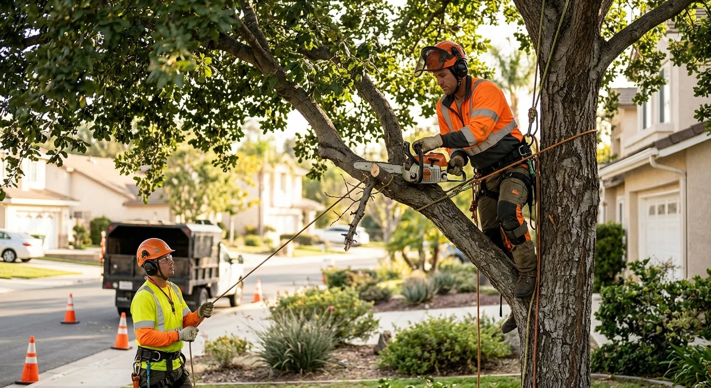 Arborist planting a young shade tree in a Calabasas residential yard