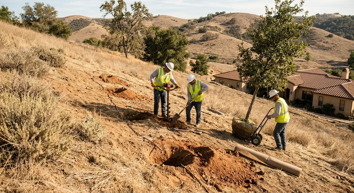 Bare hillside property in Calabasas prepared for new shade tree planting