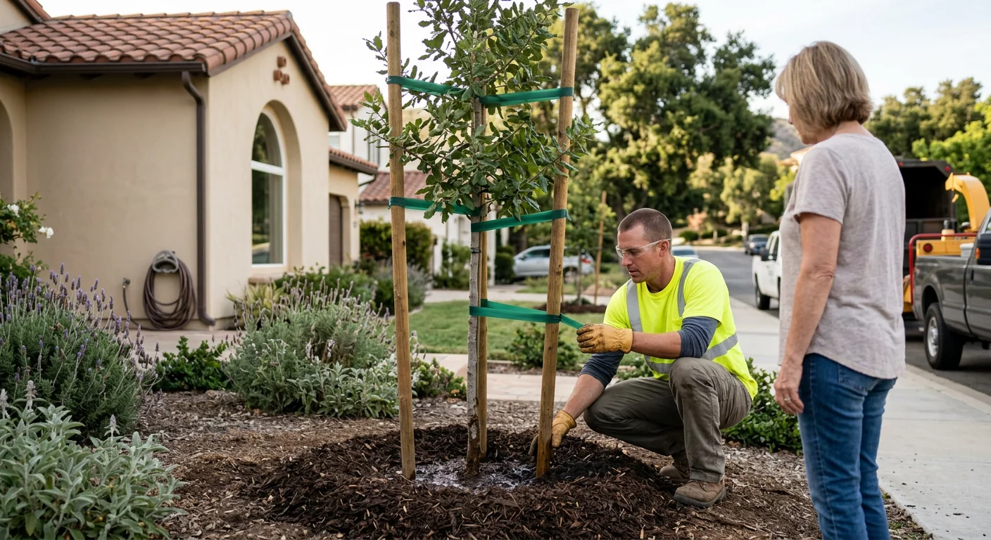 Newly planted staked tree establishing along a Calabasas home setback