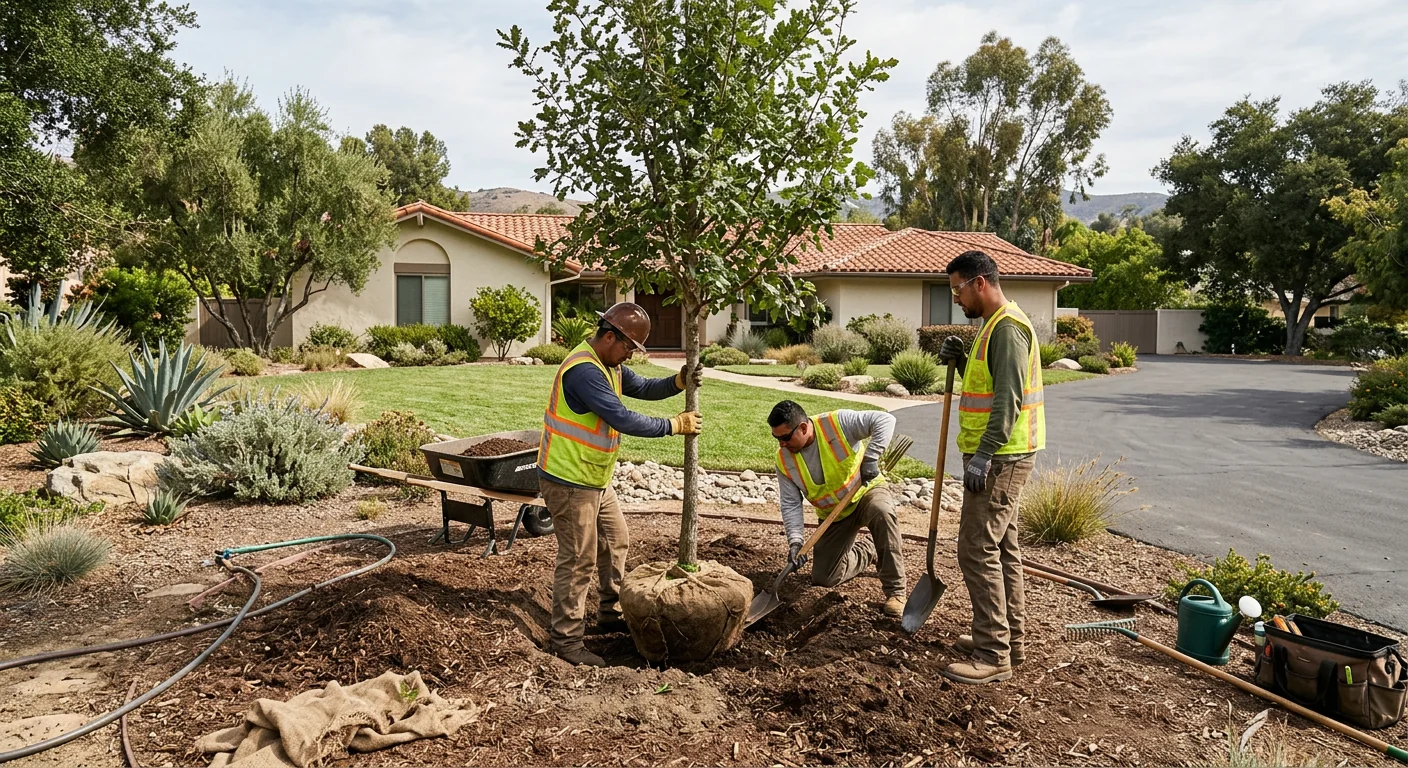 Crew setting a young oak into a prepared planting pit on a Calabasas front yard