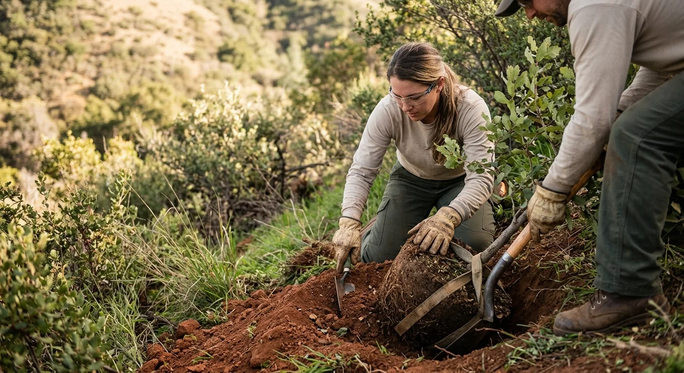 Close-up of root ball placement and soil backfill during a hillside tree planting