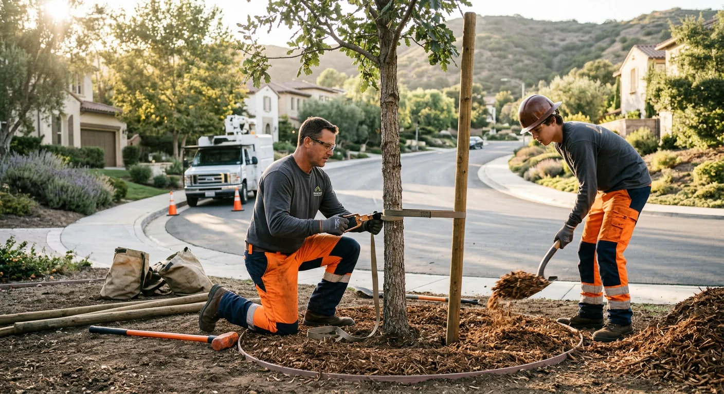 Technicians staking and mulching a freshly planted tree with hand tools on site