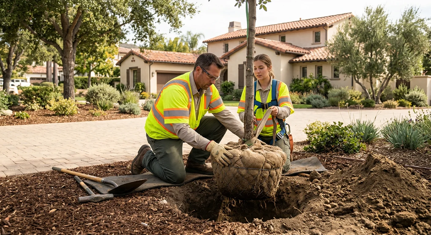 Technician carefully positioning a root ball into a prepared planting pit