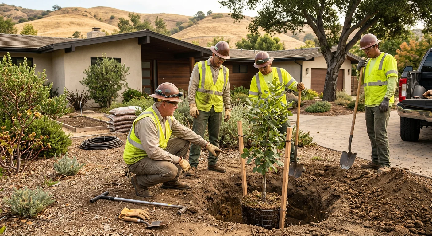 Crew reviewing tree placement and soil conditions on a Calabasas property