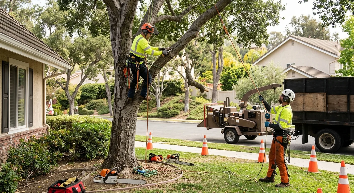 Arborist evaluating a mature oak canopy for pruning on a Calabasas property