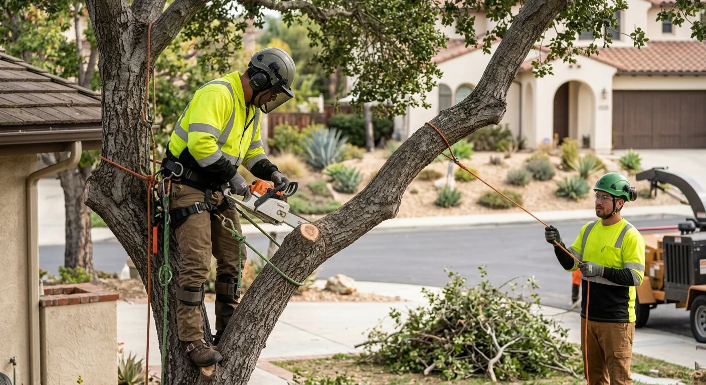 Arborist making precise pruning cuts on a mature oak in a Calabasas backyard