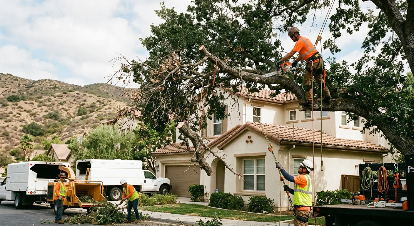 Overgrown canopy with dead limbs over a home near a Calabasas hillside