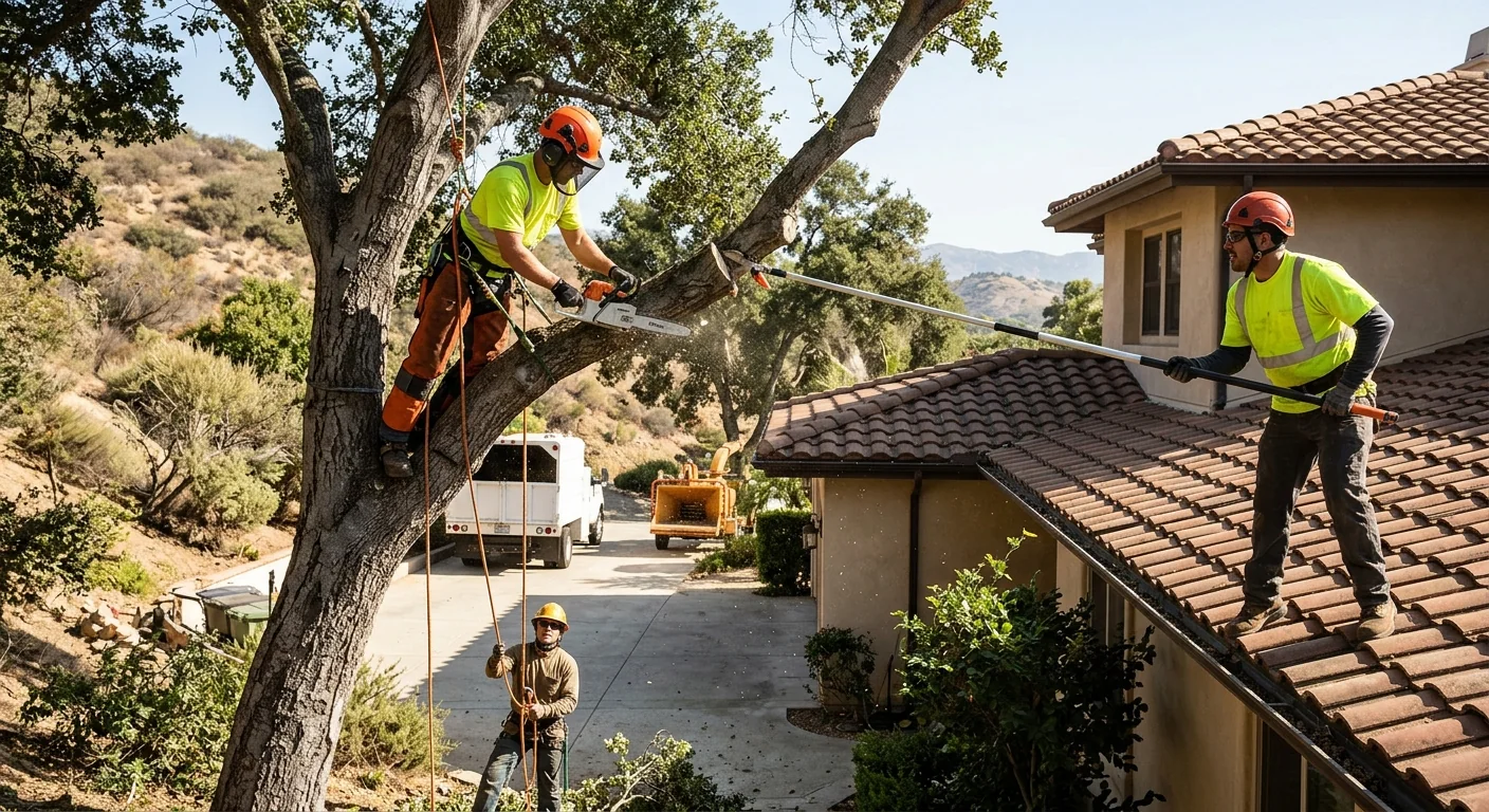 Crew removing hazardous branches rubbing a rooftop on a Calabasas property