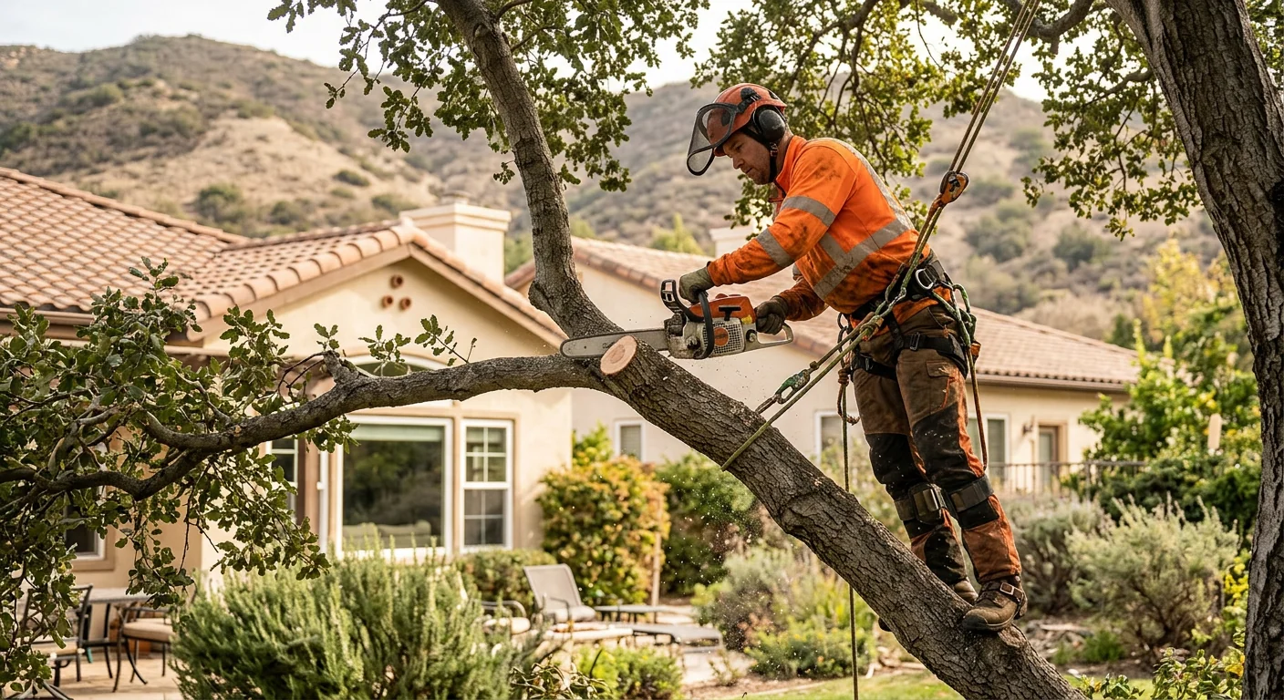 Arborist making a clean reduction cut on an oak branch in a Calabasas backyard