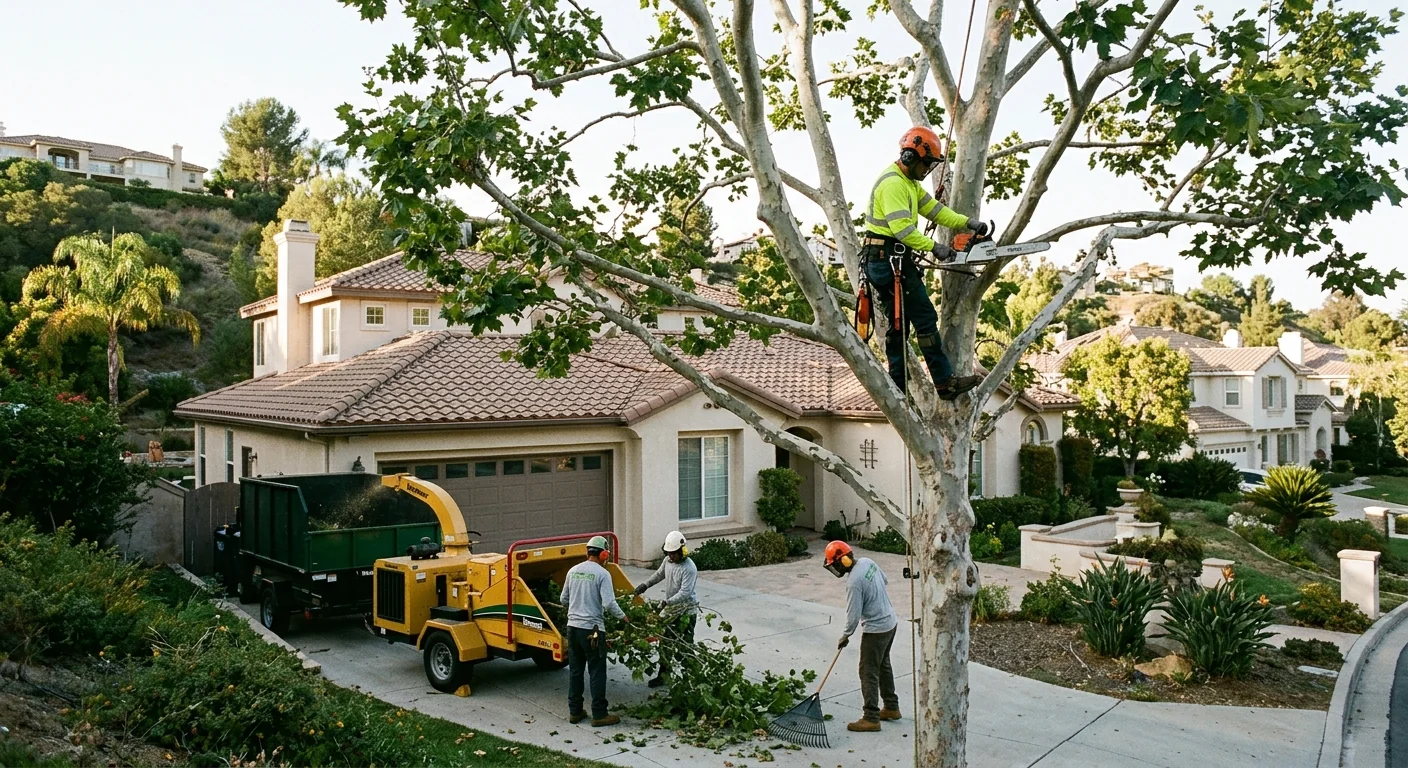 Wide view of a pruned sycamore over a hillside home with balanced canopy
