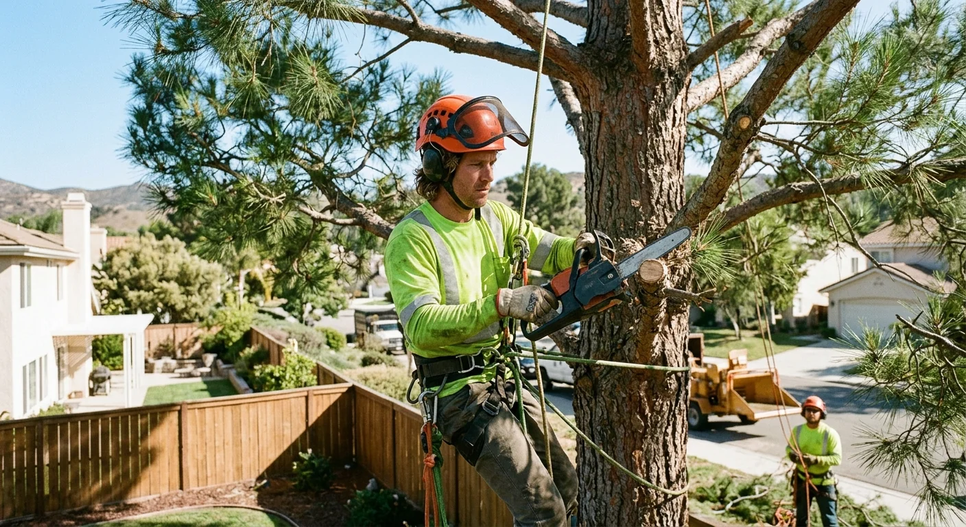 Crew member roped into a mature pine performing crown thinning near a property line