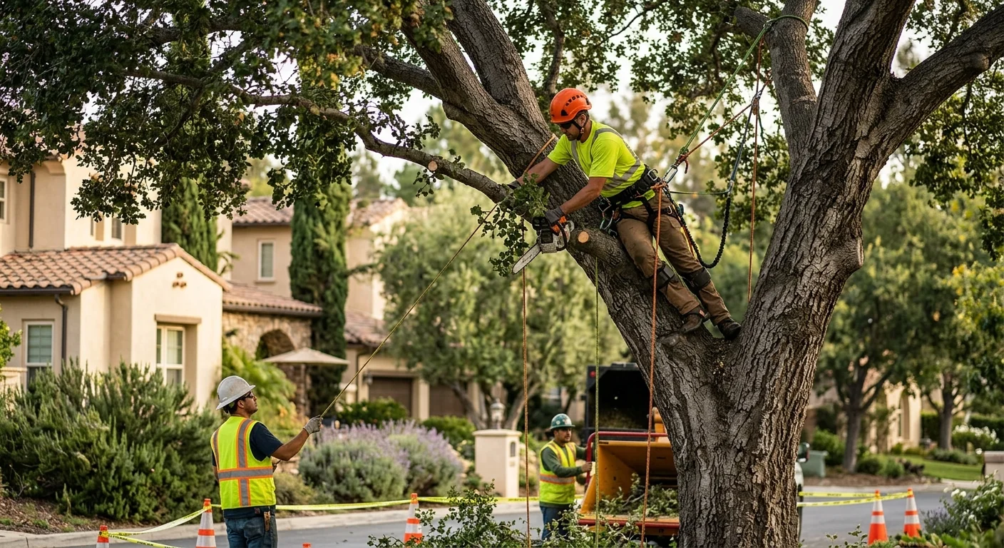 Trained technician using rope rigging to prune a tall tree safely in Calabasas