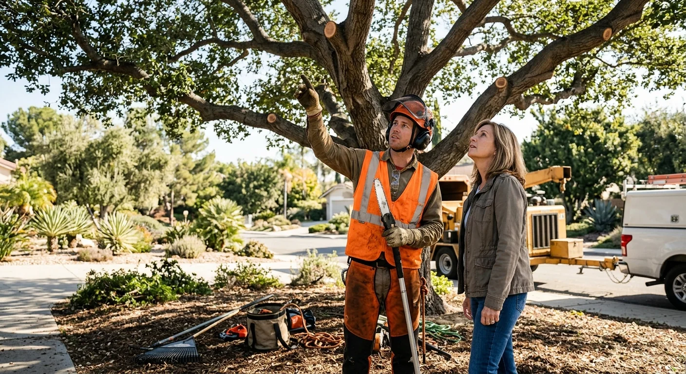 Homeowner and arborist reviewing freshly pruned canopy during a post-job walkthrough