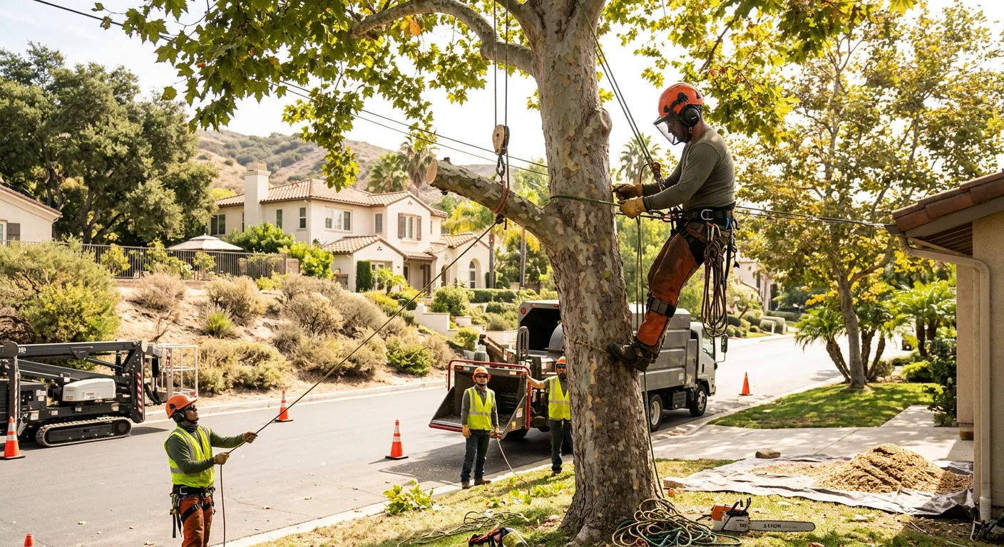 Arborist assessing a large tree beside a Calabasas home before removal