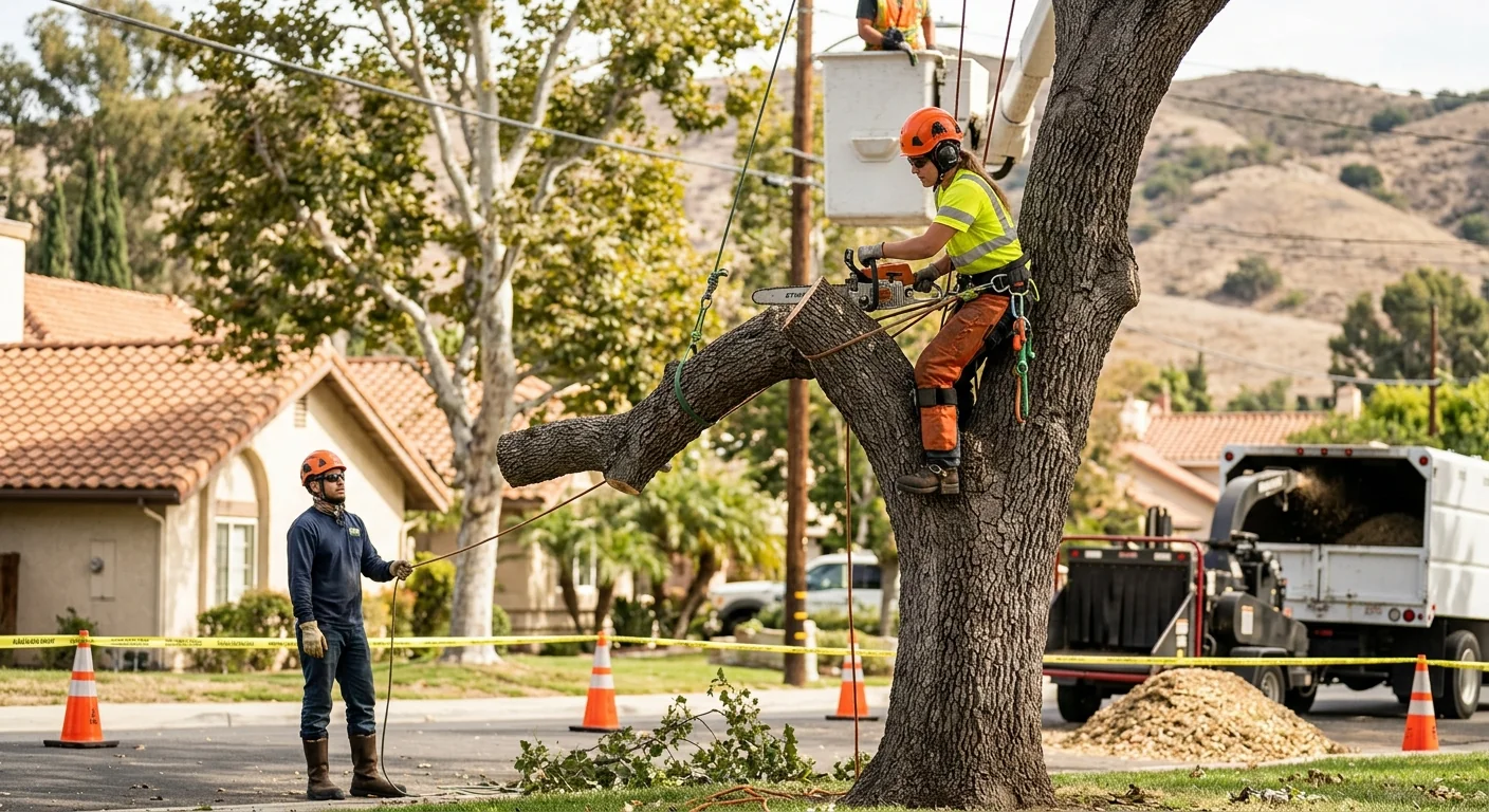 Tree service crew safely dismantling a large tree beside a Calabasas home