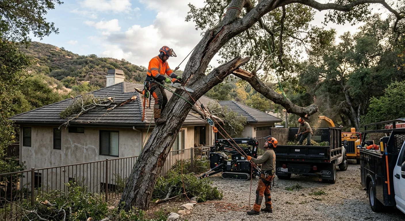 Leaning decayed tree threatening a Calabasas home after seasonal storm damage