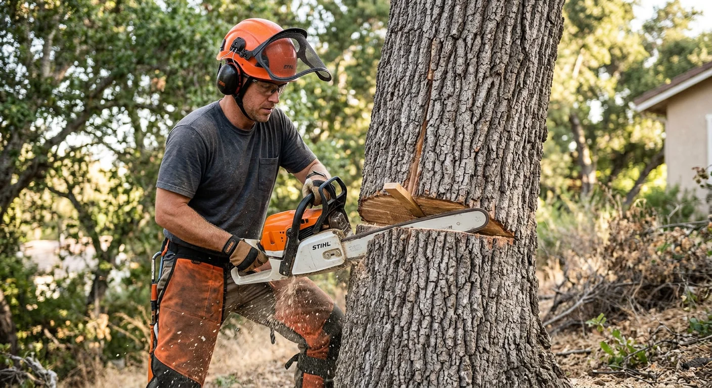 Close-up of a certified technician making a controlled notch cut on an oak trunk