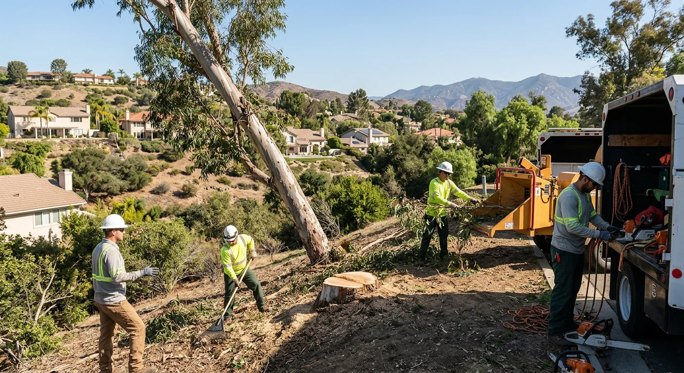 Wide view of a hillside property in Calabasas cleared of a leaning eucalyptus