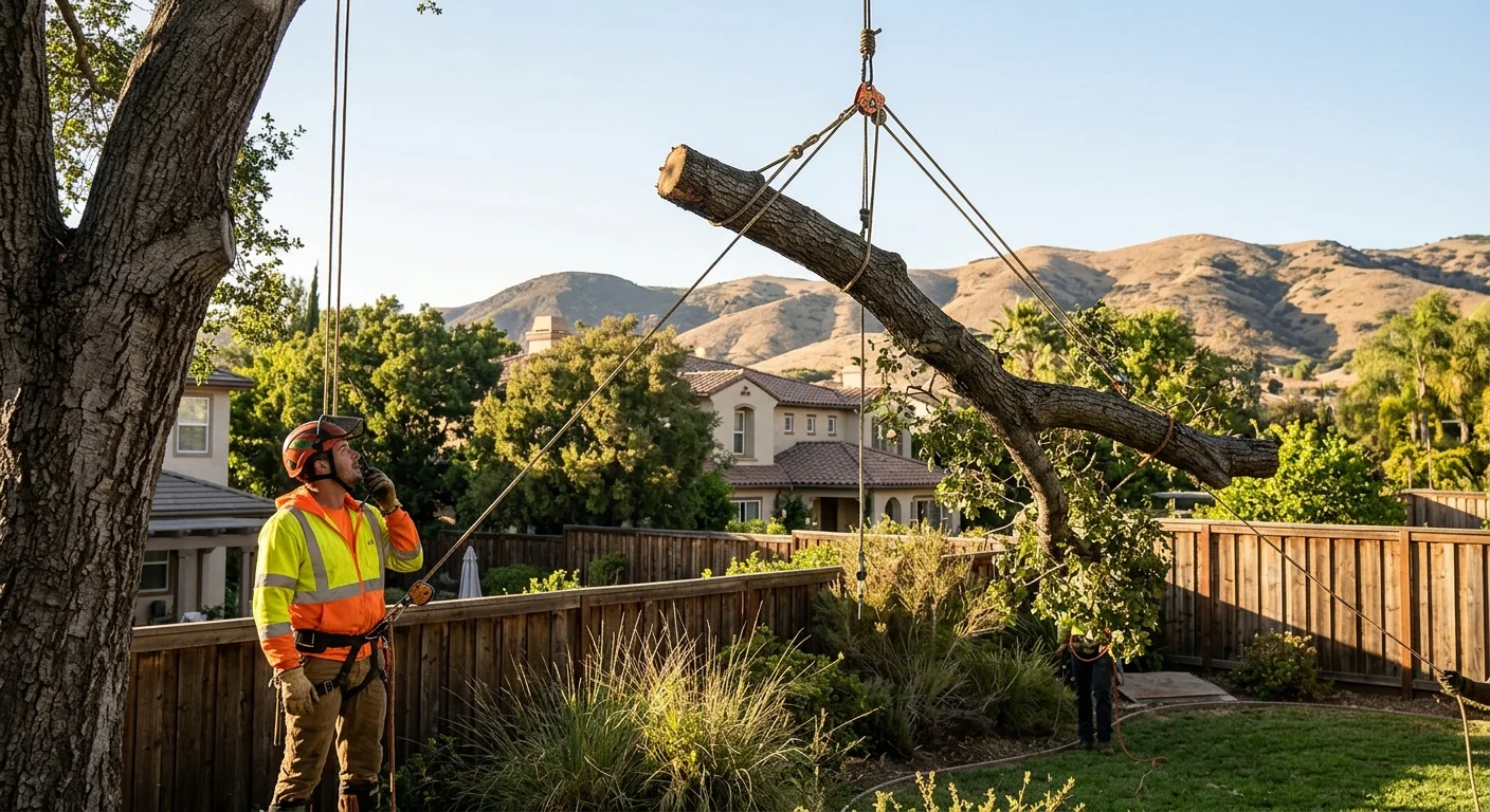 Rigging lines lowering large limb sections safely over a fenced backyard
