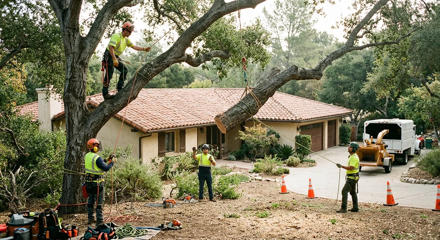 Trained crew safely lowering a large tree section near a Calabasas home