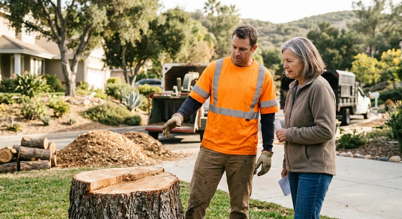 Technician reviewing tree removal results with a homeowner during walkthrough