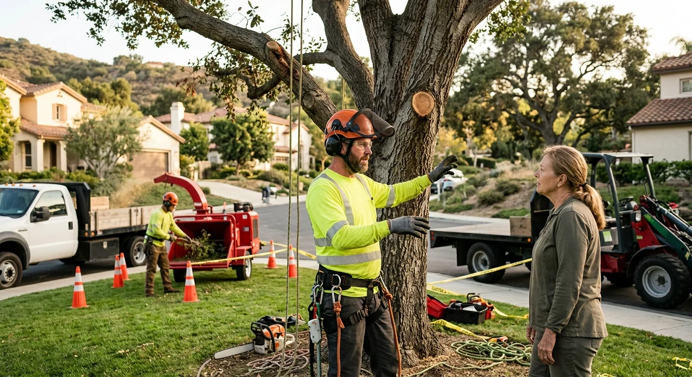 Arborist inspecting a mature backyard tree for structural defects near a Calabasas home