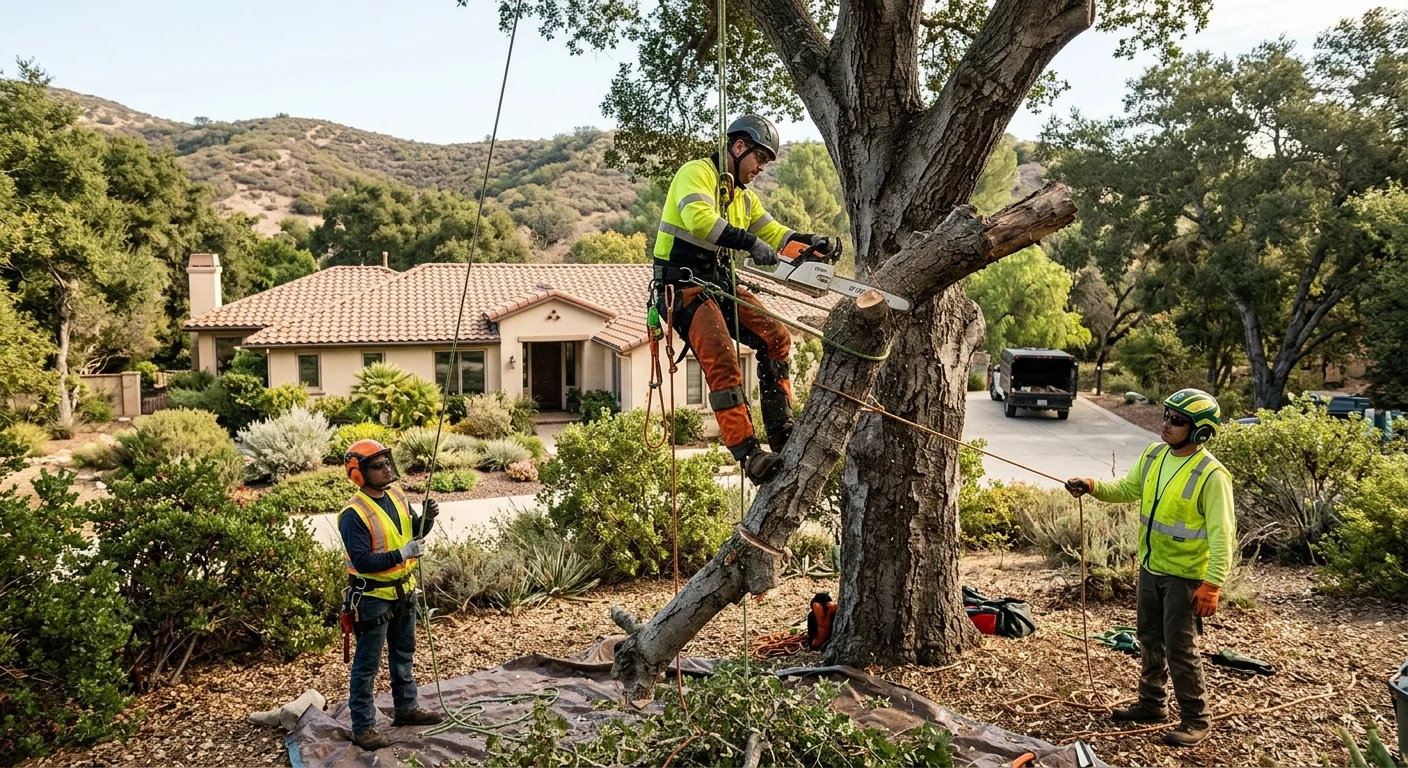 Arborist inspecting a mature oak trunk for decay on a Calabasas property
