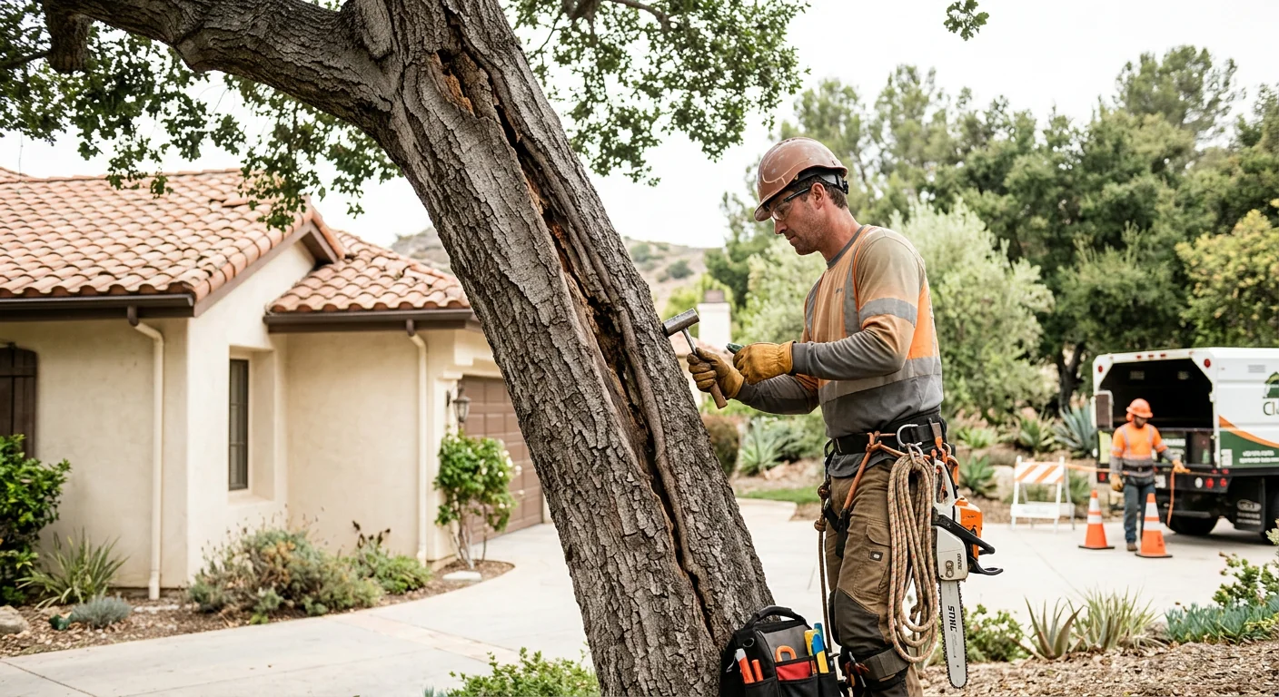 Leaning tree with cracked trunk near a Calabasas home requiring inspection