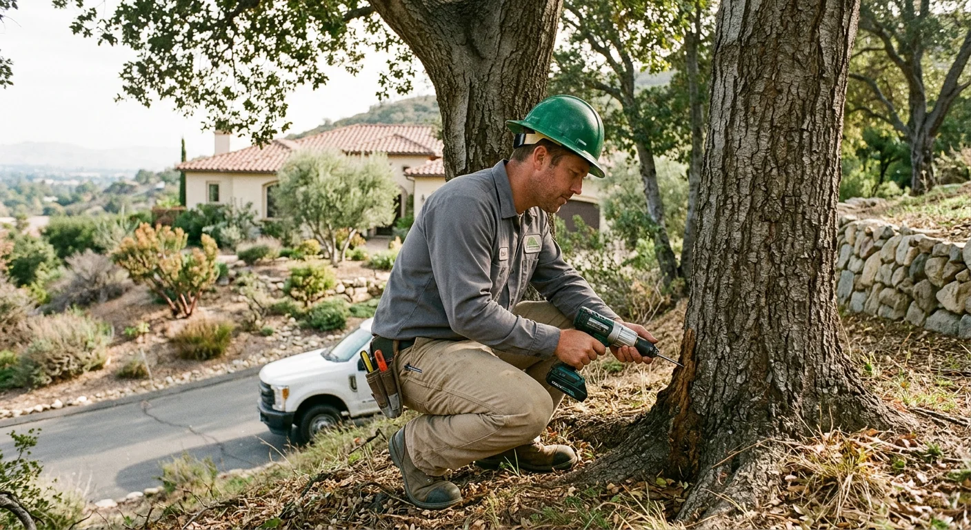 Arborist inspecting oak trunk for decay near a Calabasas hillside home