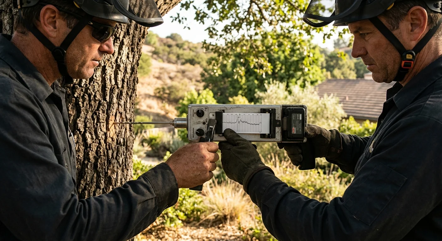 Close-up of resistograph reading measuring internal wood density on a mature tree