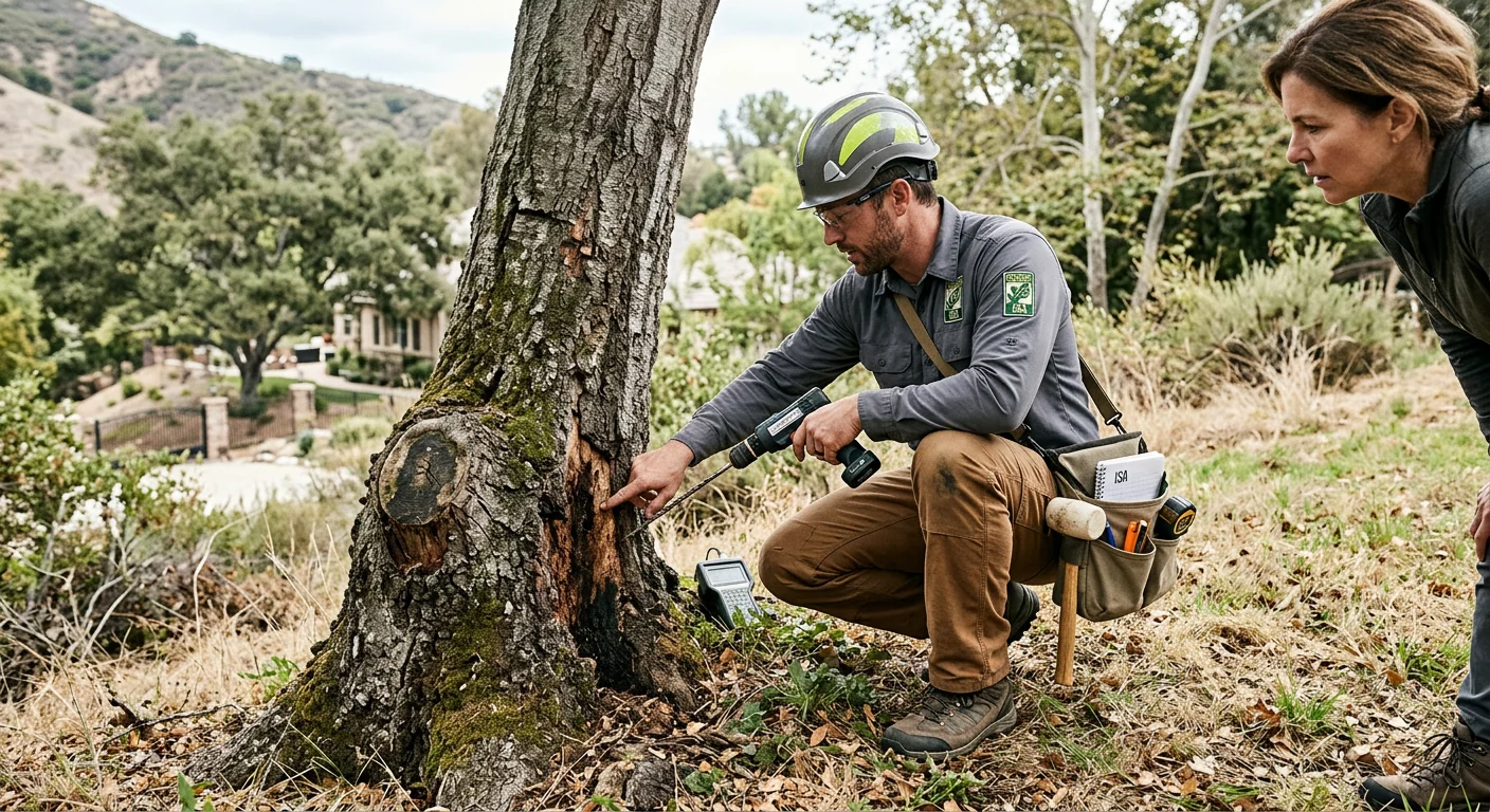 Certified arborist examining trunk decay during a tree risk assessment in Calabasas